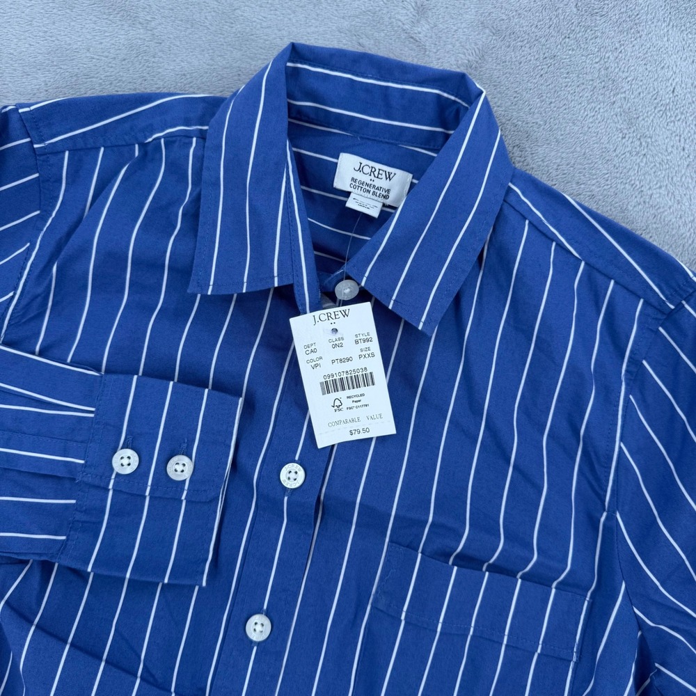 J.Crew Women PXXS Blue White Striped Regenerative Cotton Button Down Shirt NEW